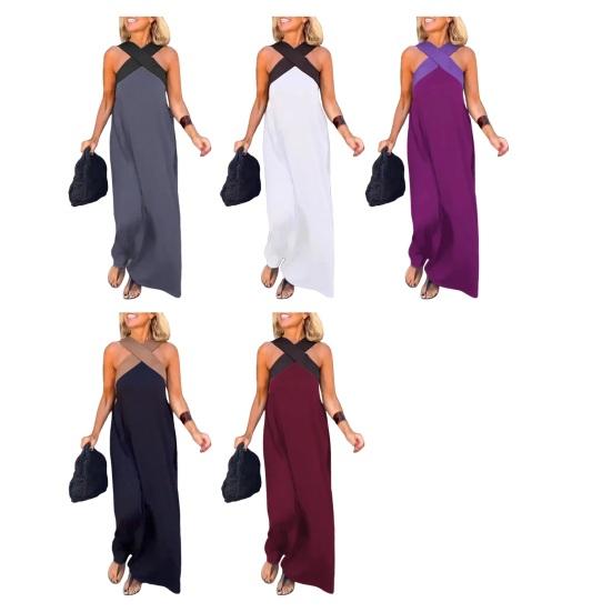 Women Evening Dress Cross Neck Off Shoulder Backless Robe Dress Solid Color Loose