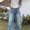 Unisex Distressed Washed Denim Jeans Loose Wide Leg Straight Cut Streetwear Pants Teens Adults