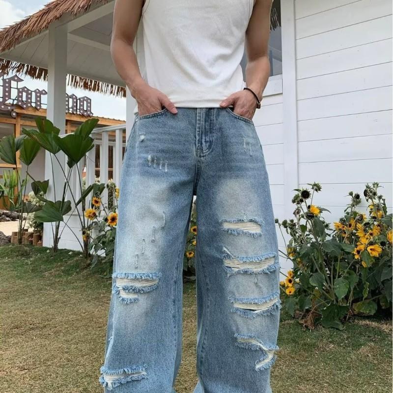 Unisex Distressed Washed Denim Jeans Loose Wide Leg Straight Cut Streetwear Pants Teens Adults