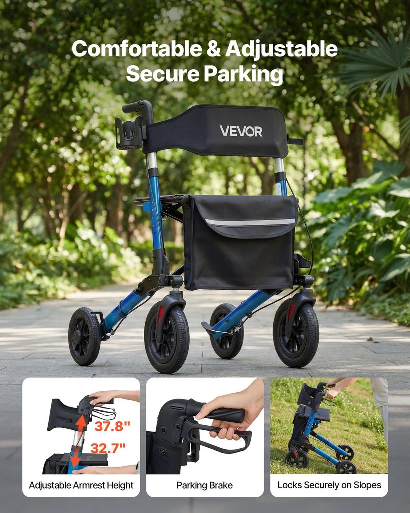 Rollator Walker with Seat for Seniors, Ultra Compact 3-Fold Rolling Walker, Lightweight Aluminum Mobility Walking Aid with PU Solid Wheels, Adjustable
