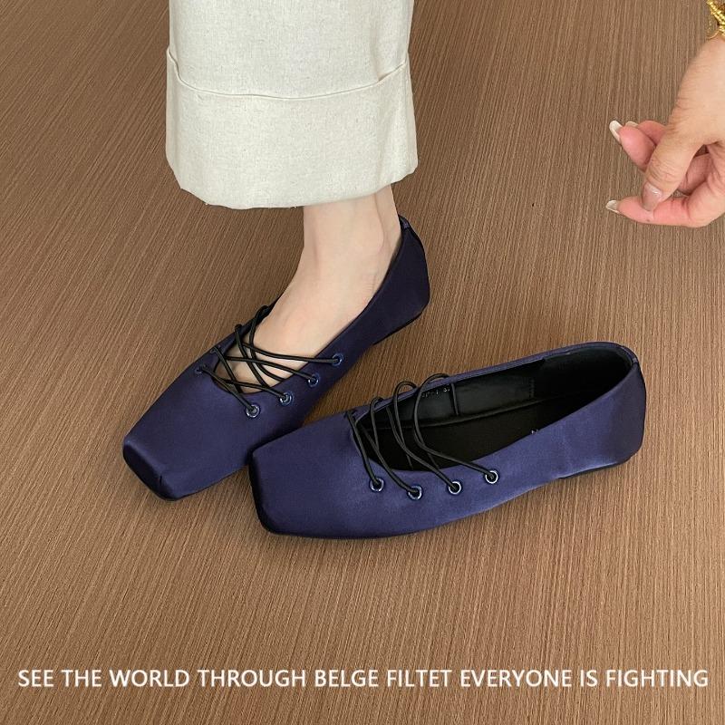 

Fashion 2025 New Satin Soft Sole Non-Slip Flats Women s Fashion Square Toe Shallow Mouth Lace-Up Non-Slip Casual and Comfortable Shoes 40