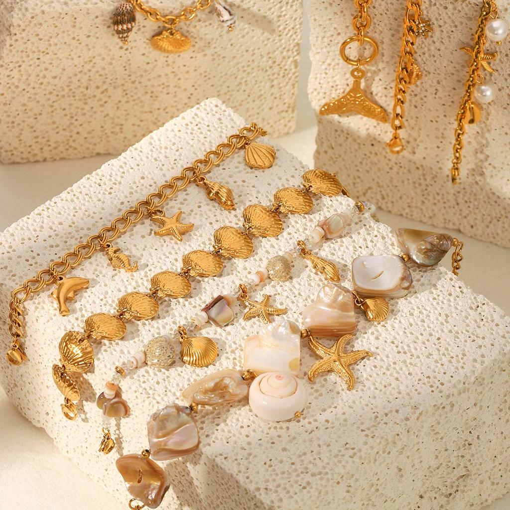 Luxury European & American Ocean-Inspired Stainless Steel Bracelet with Starfish & Seashell Design for Women – Non-Fading Titanium Jewelry