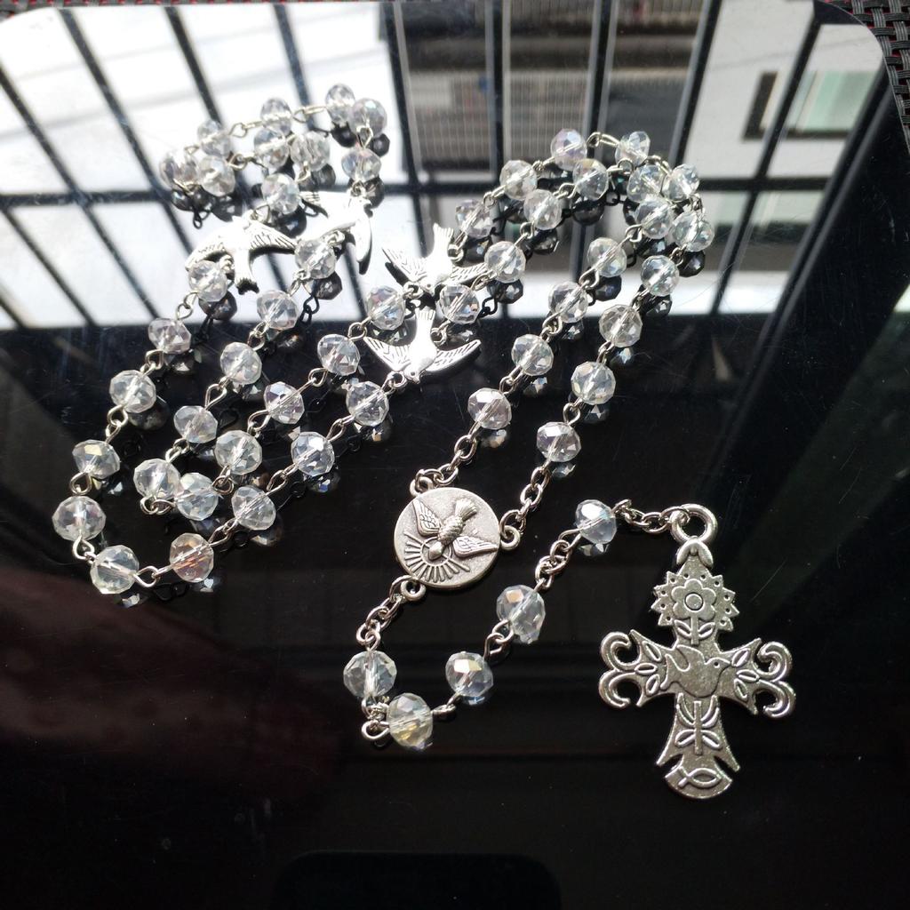 1pc Holy Spirit Dove Medal Rosary Necklace Cross Pendant Crystal Prayer Beads Chain Catholic Church Baptism Communion Jewelry