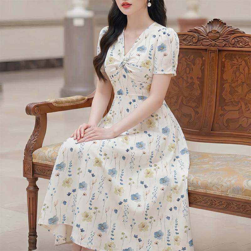 ZANZEA Women Floral Print Casual V-Neck Short Sleeve Long Dress M