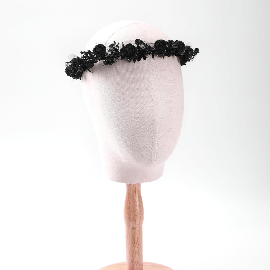 Black Floral Headpiece - Women's Elegant Lace Foam Rose Headband With Flowers for Hair Accessories, Wedding, Party, Birthday Gift, Photo Props | Dark