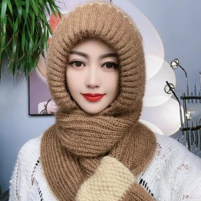 Fleece Knitted Snow Hat Winter Warm Neck Protection Ear Protection Headgear Hat Scarf Integrated Hat Women