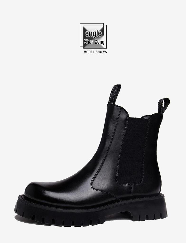 Men's Black British-Style Chelsea Boots: Soft Leather, High Top, Thick Sole, Motorcycle Workwear