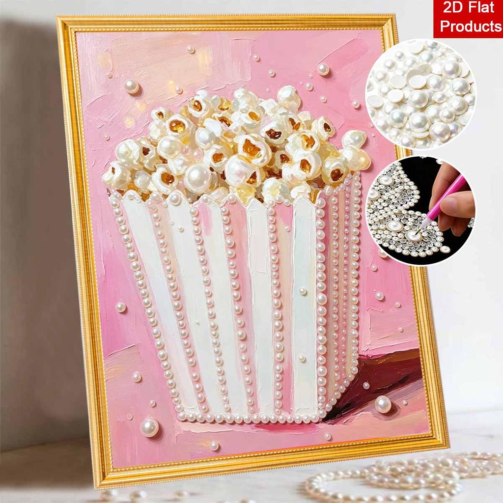 Pink Popcorn Bucket Pearl Art Painting with Frame Shiny Bead Canvas Creative Leisure Craft for Modern Wall Decor Gift Home Decoration