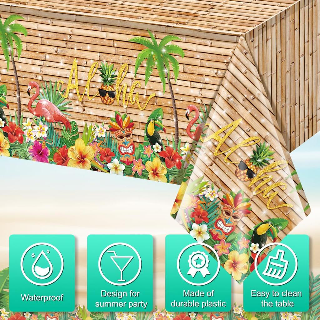 3Pcs Hawaiian Luau Tablecloth Tiki Party Tablecloths Tropical Table Cloth Plastic Disposable Rectangle Table Covers for Tiki Bar Tropical Summer