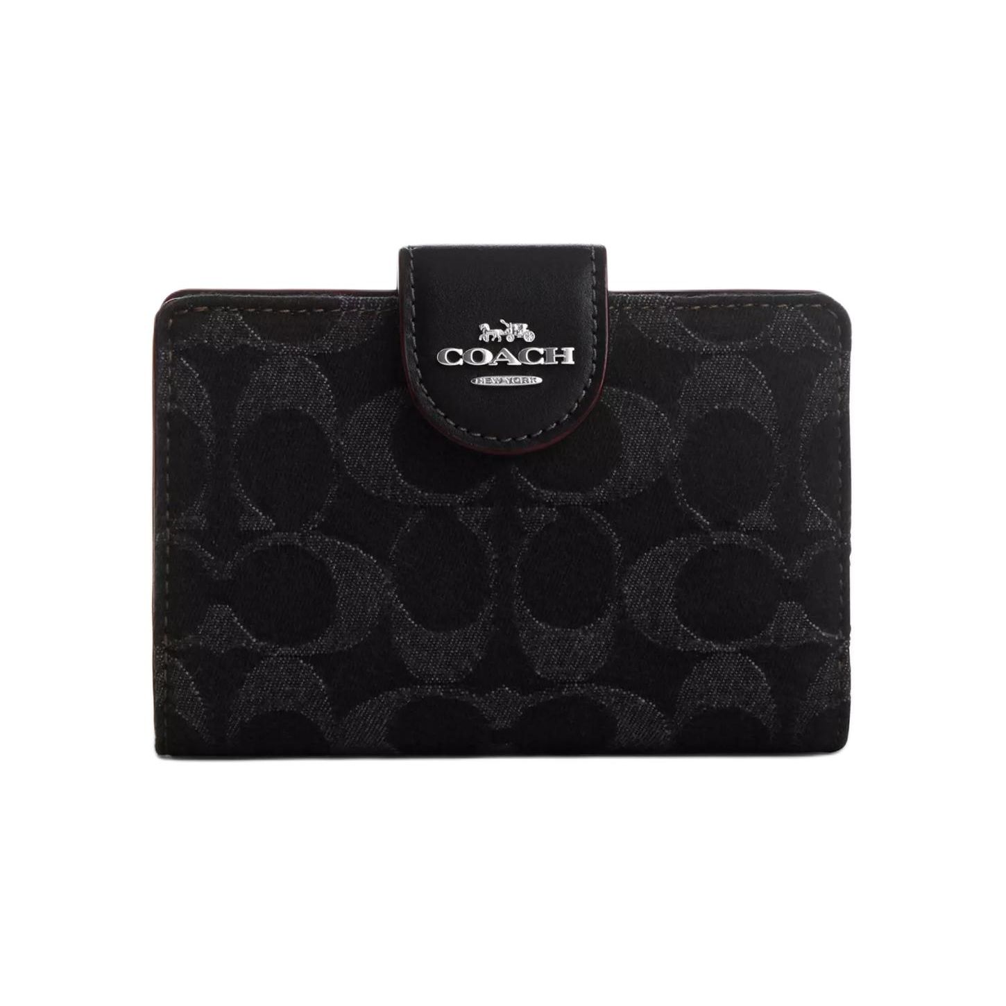 Coach Corner Zip Wallet 12 Logo Snap Iconic Denim And Smooth Leather Women wallet Black CP435-SVBK Black