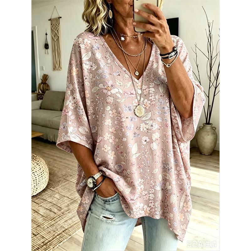 Printed Plus-Size Women's V-Neck Batwing Sleeve T-Shirt Bohemian Ethnic Print Loose Top Summer Comfortable Breathable Daily Commute Casual