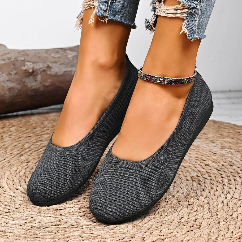 Women Flats Casual Slip On Shallow Shoes Comfortable Knit Ballet Flat Shoes Round Toe Office Boat Shoes Trend Plus Size Loafers