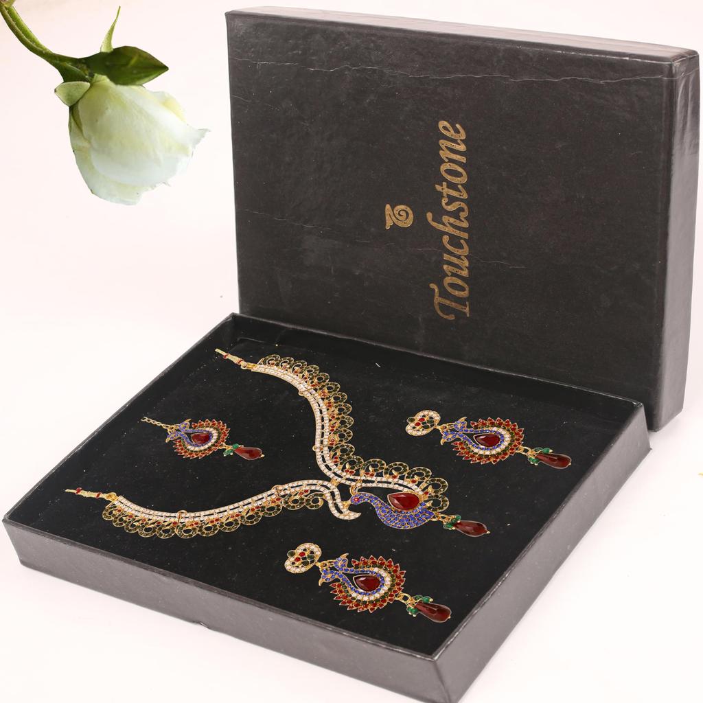 Touchstone Indian Bollywood Peacock Minakari Blue Red White Bridal Jewelry Necklace Set Antique Gold
