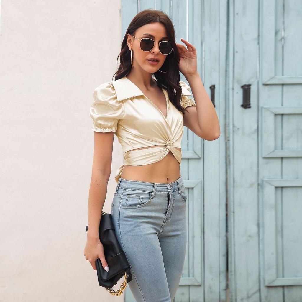 GMXIA Camicette e camicie da donna con scollo a V, maniche corte, stampa tinta unita casual alla moda