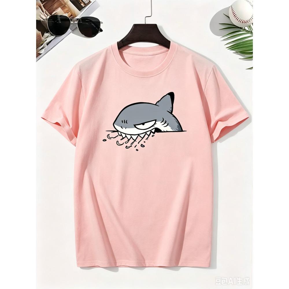 2026 Cartoon Shark Gray Fang Watermark Pure Cotton Boy's T‑shirt Creative Lightweight Comfortable Short Sleeved Kids T‑shirt