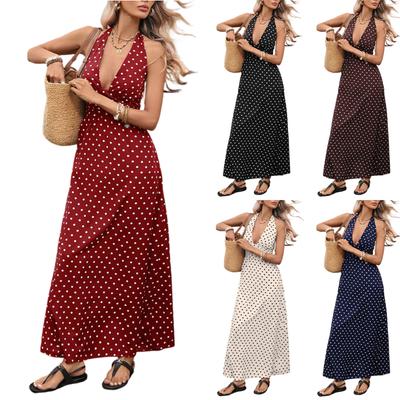 Women Neck V Neck Polka Dot Print Maxi Dress Sleeveless Fitted Summer Vacation Retro Style Casual Sundress