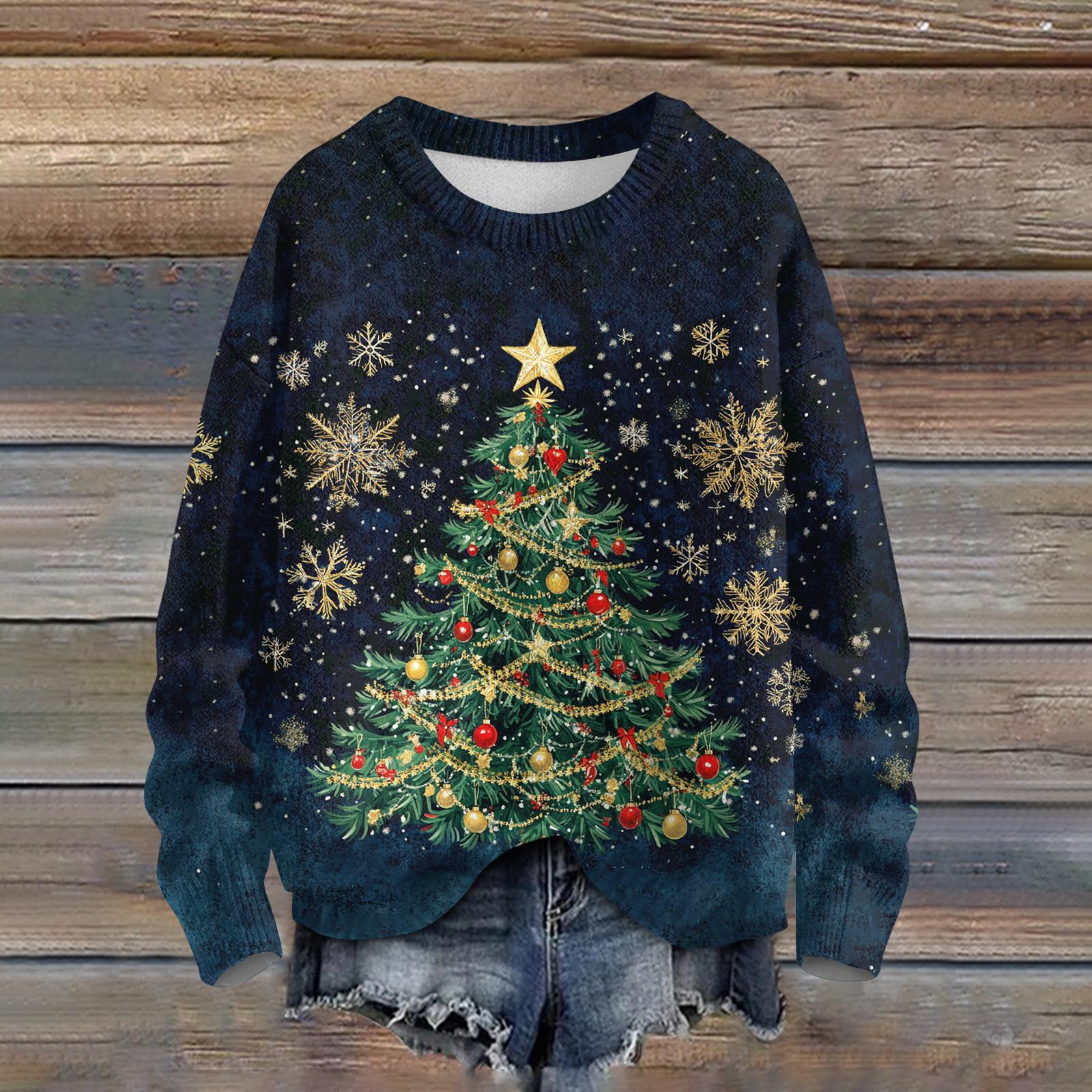 

Ladies Fashionable Casual Long Sleeved Beautiful Christmas Tree Print Round Neck Yarn Knitting XL чёрный