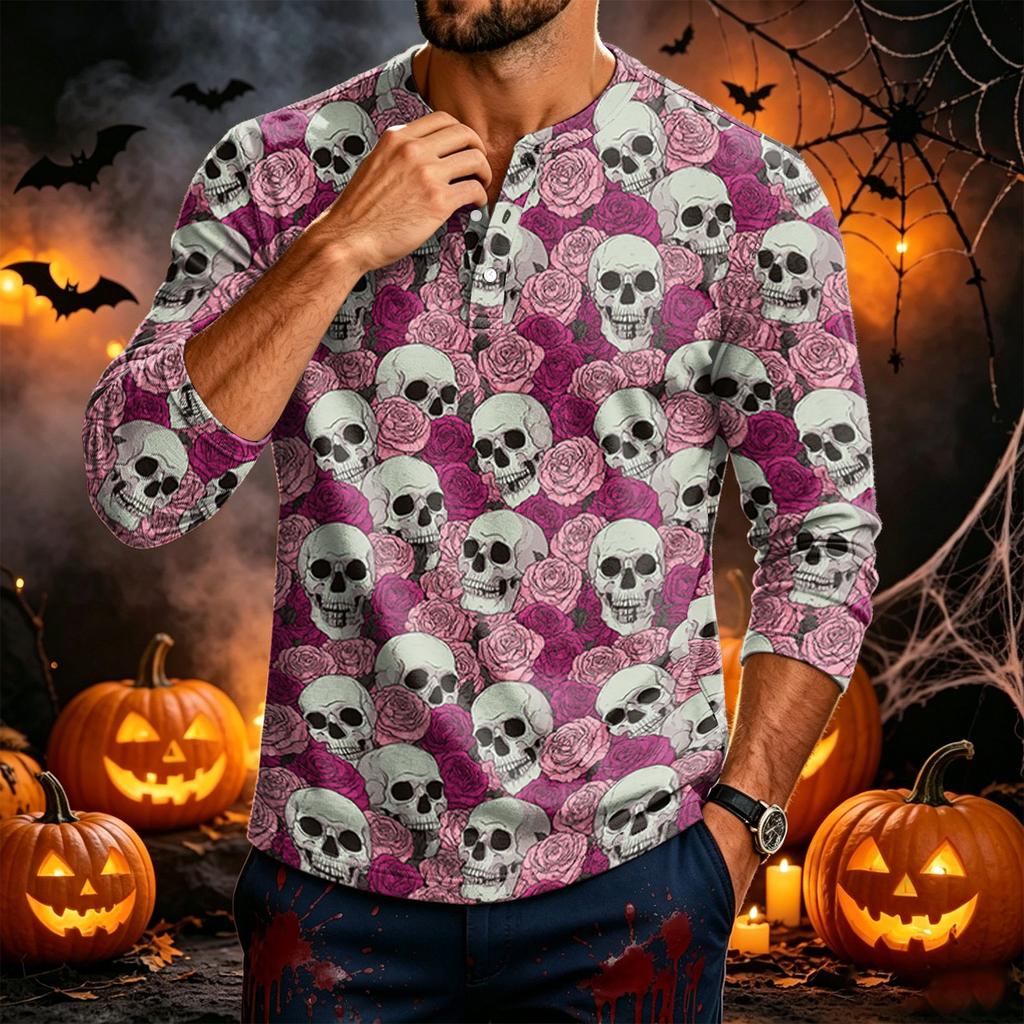 Men's Long Sleeve Shirt with Halloween Print for Casual Everyday Wear