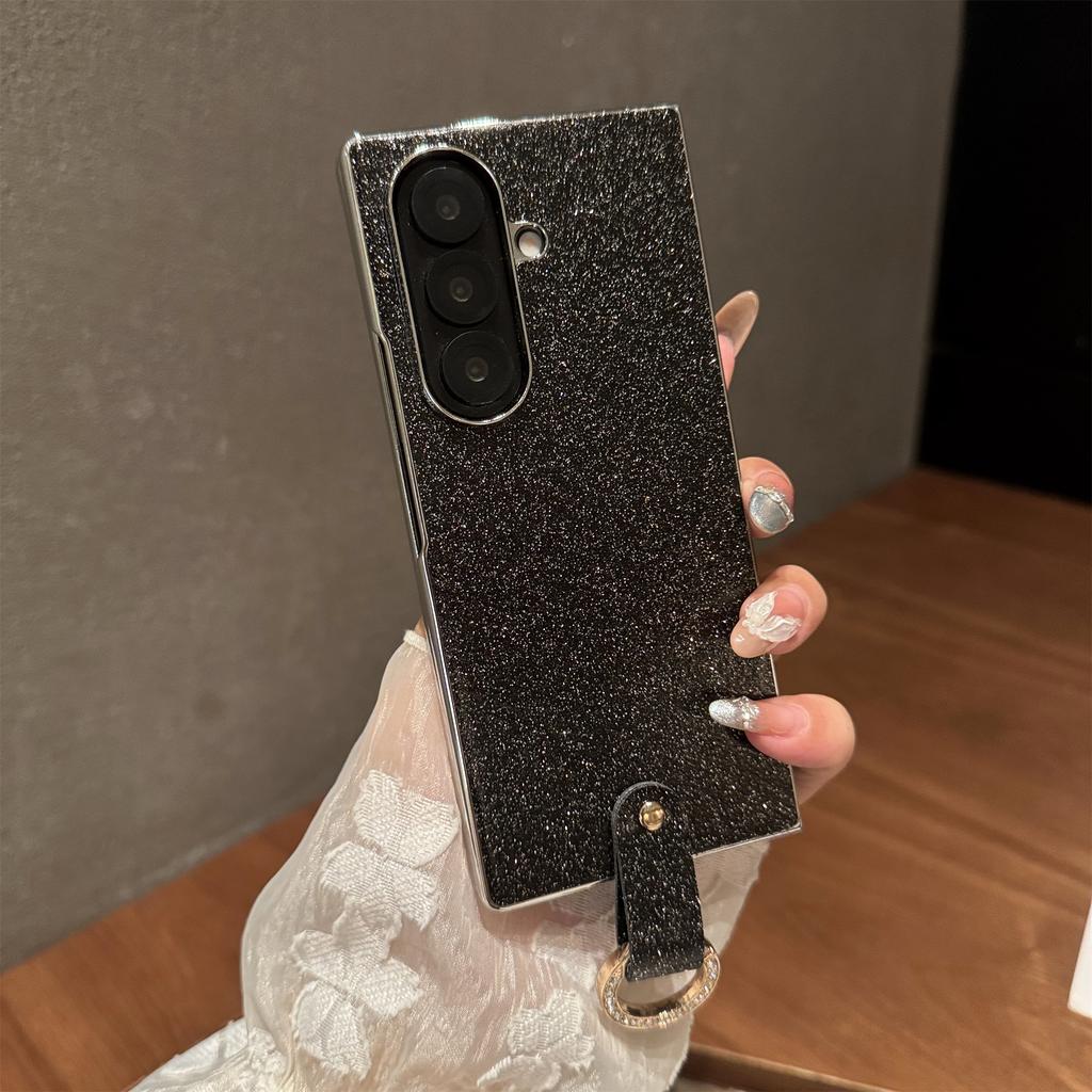 For Samsung Galaxy Z Fold7 5G Case Electroplated Glitter PU Leather+PC Protective Cover with Portable Ring Strap