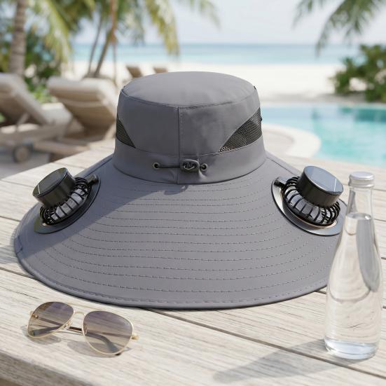 Buckle Hat with Dual Fans Large Battery Solar Charging Full-Face Sun Protection Large Brim Sun Hat Adjustable Drawstring Walking Cooling Hat