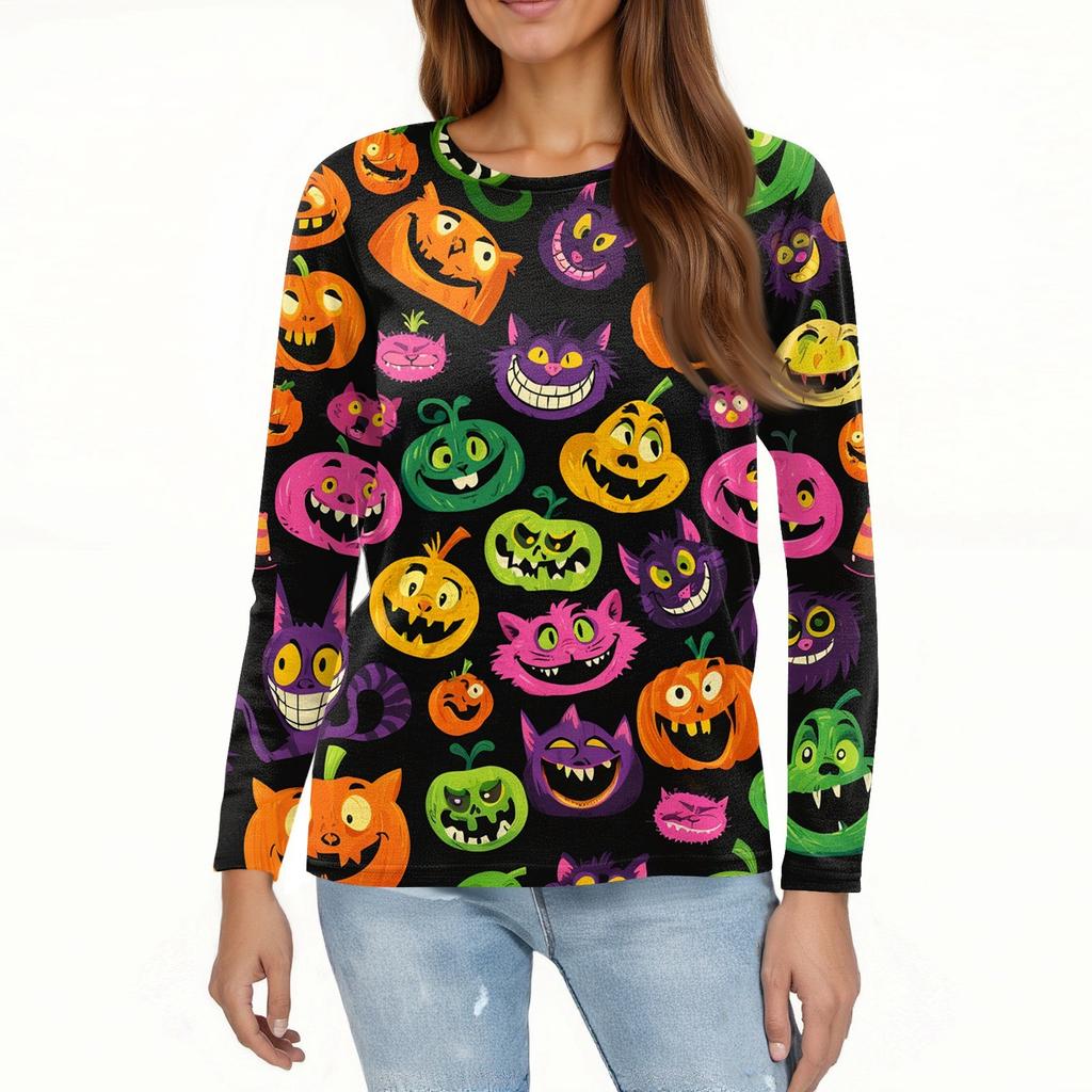 Modisches, lässiges Langarm-Oberteil mit Rundhalsausschnitt und Halloween-Print für Damen