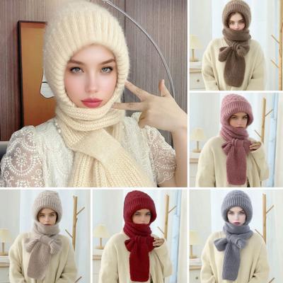 Winter Knit Hat With Integrated Scarf Solid Color Thickened Velvet
