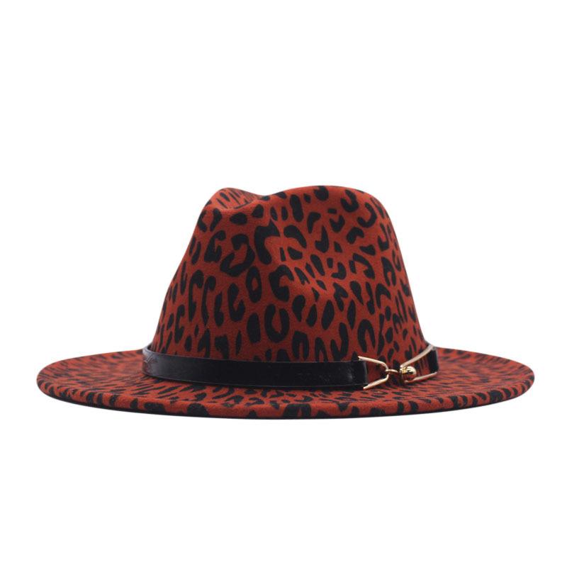European and American new woolen leopard print top hat flat-brimmed big eaves hat couple hat pair buckle chain jazz hat