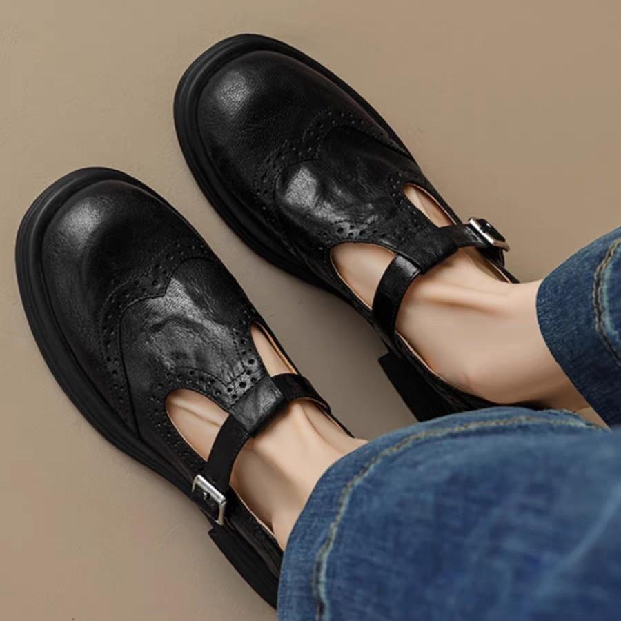 Fashion Women's Shoes T Strap Casual Vintage Lambskin Openwork Flower Flat Heel Loafers Women New Shoes Round Head  Leisure Daily Shoe