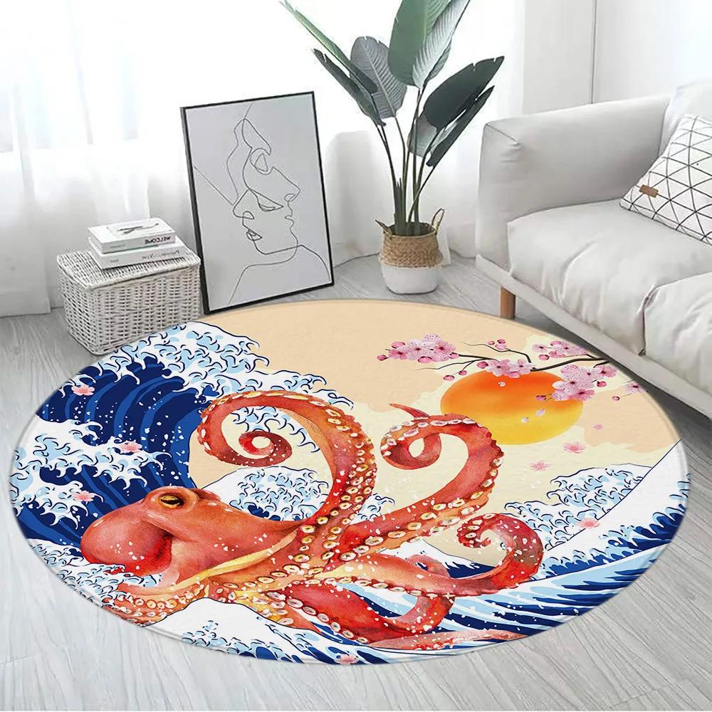 Japanese Style Round Carpet Mountain Cherry Blossom Koi Octopus Lotus Sea Waves Ink Art Living Room Home Decor Mats Floor Rugs