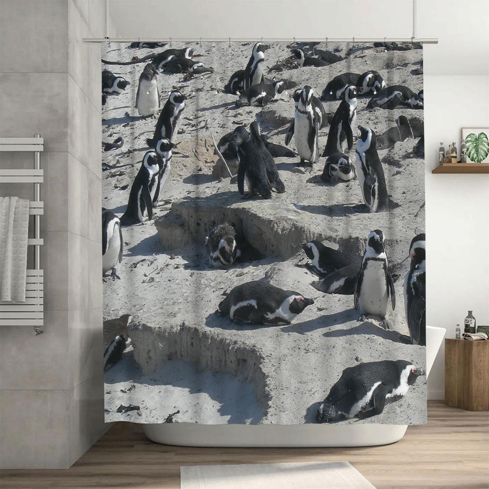 Outdoor Pinguin Duschvorhang Set Wasserdicht Bad Dekoration Heimdekoration Wandkunst Druck Schwarz Weiß Design Größe Anpassbar