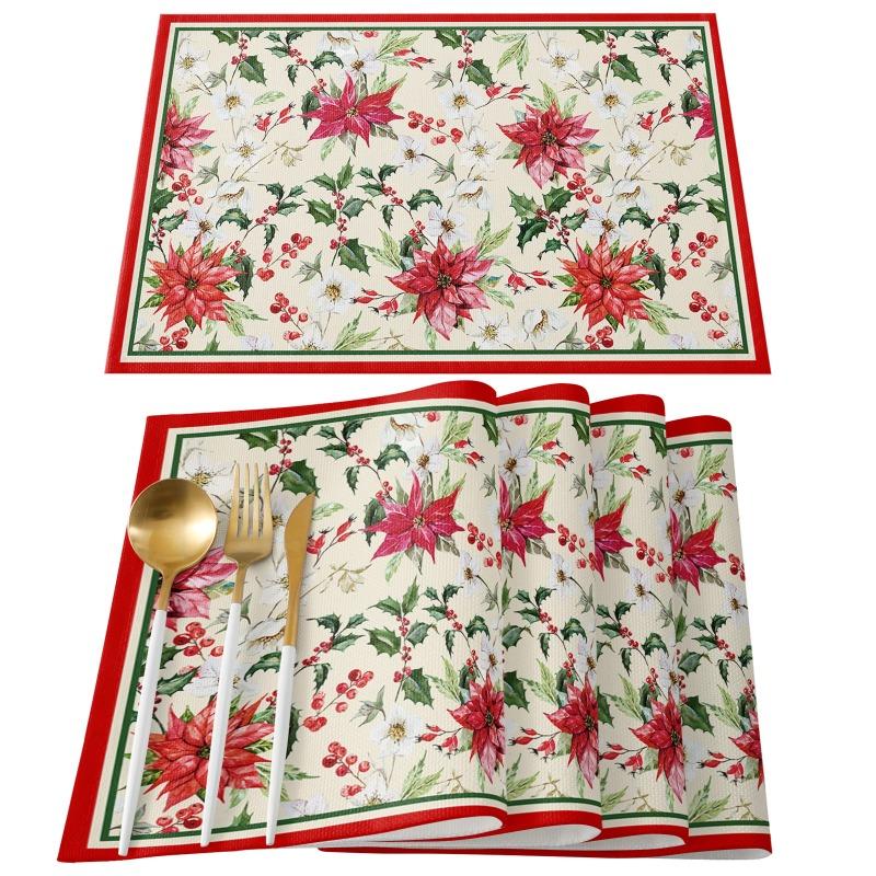 NOVÝ Lněný Vánoční Květ Poinsettie Tištěný podložka pod talíř Látkový podložka pod šálek na kávu a čaj jídelní prostírání do kuchyně