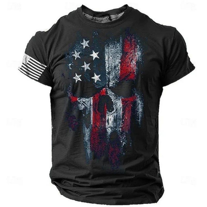 Men's Retro Flag Printed T-shirt 3D Skull Round Neck Short Sleeve Casual Breathable Top Hot