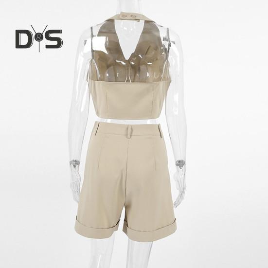 2 Pcs/Set Women Vest Shorts Suit Sleeveless Single-breasted Off Shoulder Halter Neck Button Solid Color Waistcoat High Waist Straight Knee Length