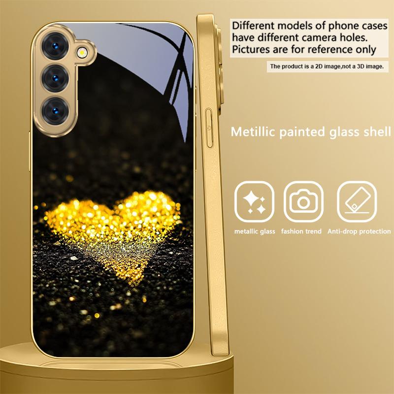 Shining heart shape For Samsung Galaxy S20 FE S21 S22 Ultra S23 Plus S24 Ultra 25Ultra S21+ S9+ 22Plus Golden glass phone case
