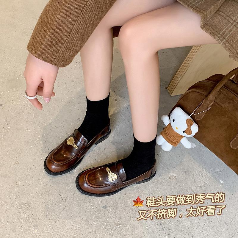 The Finishing Touch~ Knife and Fork Loafers, Genuine Leather One-pedal Lazy Brown Small Leather Shoes, Mandarin Duck Maillard Single Shoes