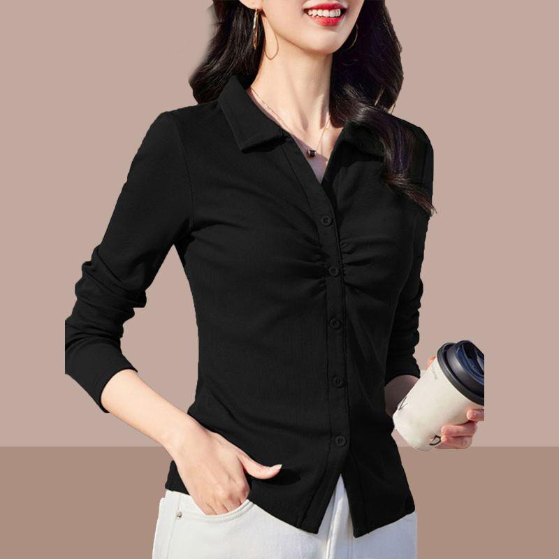 

Women s Pleated Polo Collar Long-Sleeve Top - 2025 Spring/Summer Collection L (for 100-115 lbs) чёрный