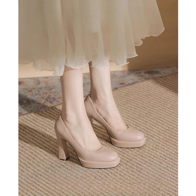 

French temperament nude waterproof table high heels women s 2025 new round head super high heel thick heel single shoes are not tired 39