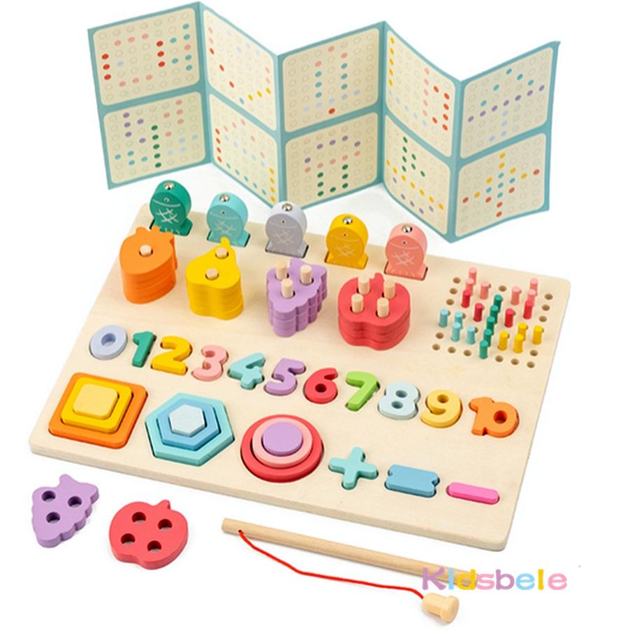 Montessori Wooden Shape Number Matching Building Block Toys 5 In 1 Color Fruit Cognition Fishing Toy Fine Motor Skill Board Game