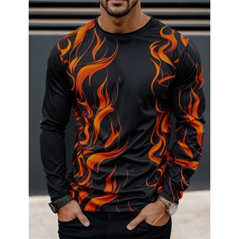 3D Printed Flame Scratch Pattern 3D Printed Autumn Men's Crew Neck T-Shirt Casual Long Sleeve Oversized Pullover Fashion Tops
