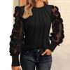Top da donna, girocollo, in rete, a sbuffo, a maniche lunghe, tinta unita, versatile, stile camicetta