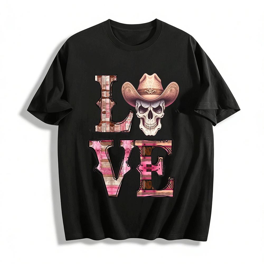 Western Cowboy Skull LOVE Print Retro Casual Top Pure cotton T-shirt XXS