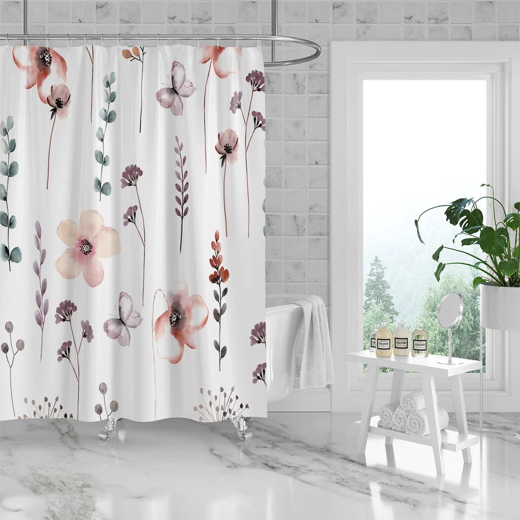 1 Piece Of 180X180Cm Pink Ink Floral Digital Printing Shower Curtain Partition, Bathroom Waterproof And Mold Resistant