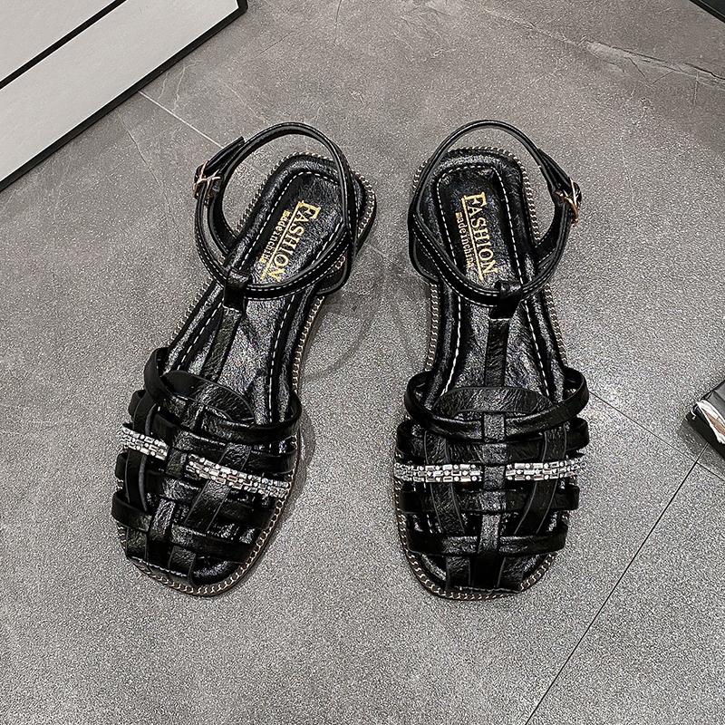 

Сандалии-гладиаторы Weave Cross с узкой резинкой, женские тапочки, летние пляжные туфли, женские плоские вязаные сандалии с пряжкой и ремешком 35 чёрный