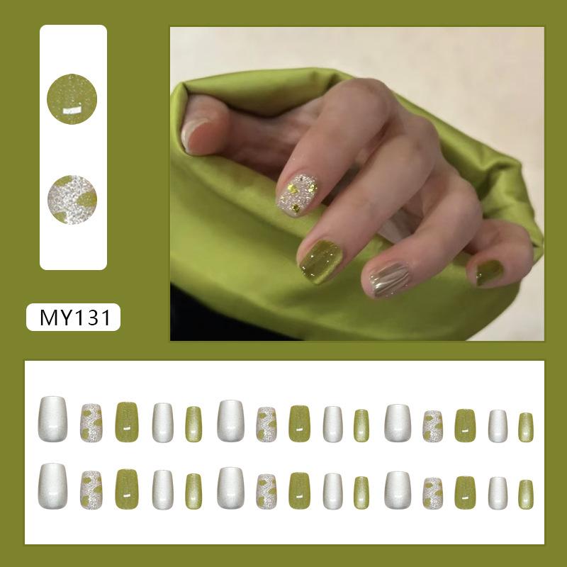 

Clear green fragments fine flash quicksand cat eye fashion white European and American ins style manicure patch removable 30 pieces