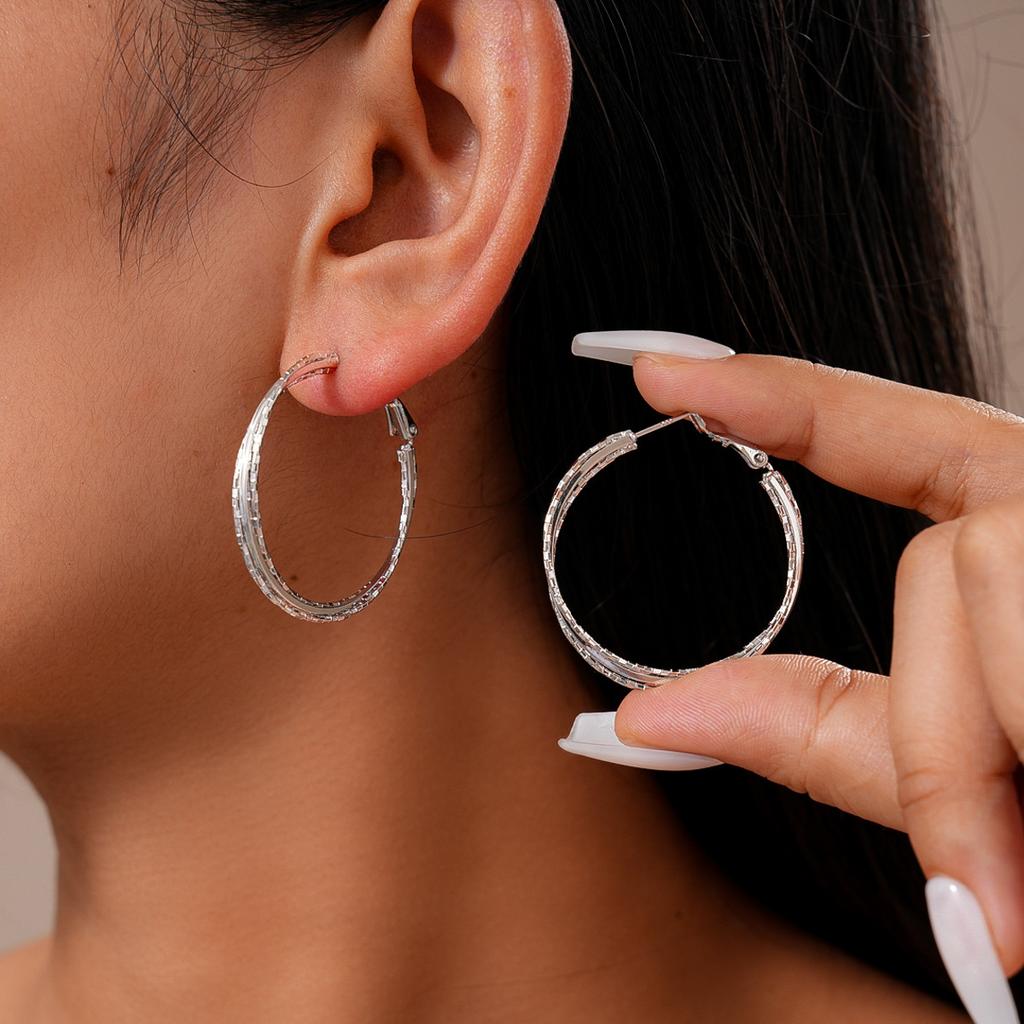 Geometric Multi-Layer Cross Round Silver Needle Earrings Simple Earrings
