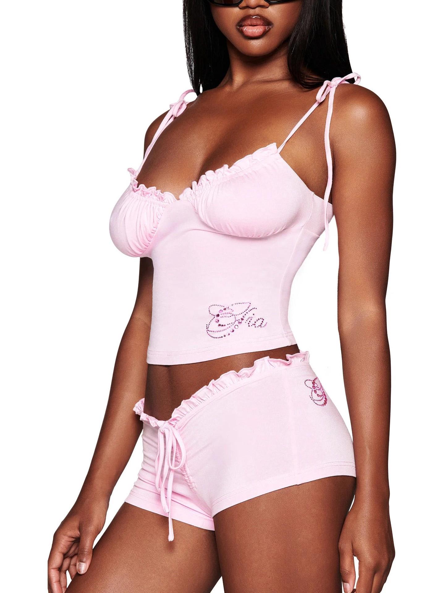 Модный комплект из розовой майки и шорт в стиле Y2K с асимметричным подолом Large розовый