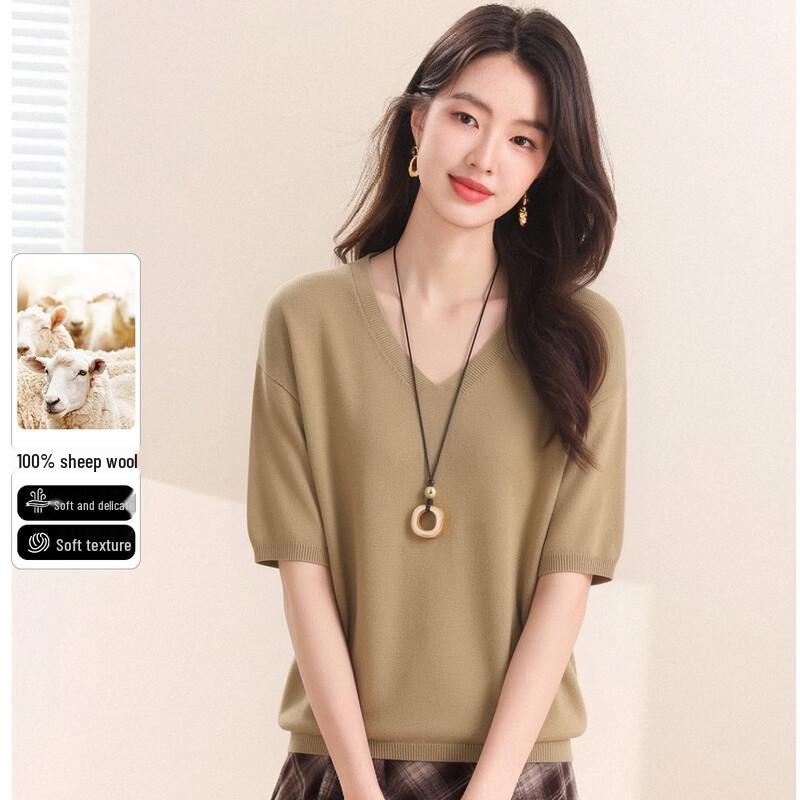SNOWFLYING Women s Solid V-Neck Dropped Shoulder Wool Tee M