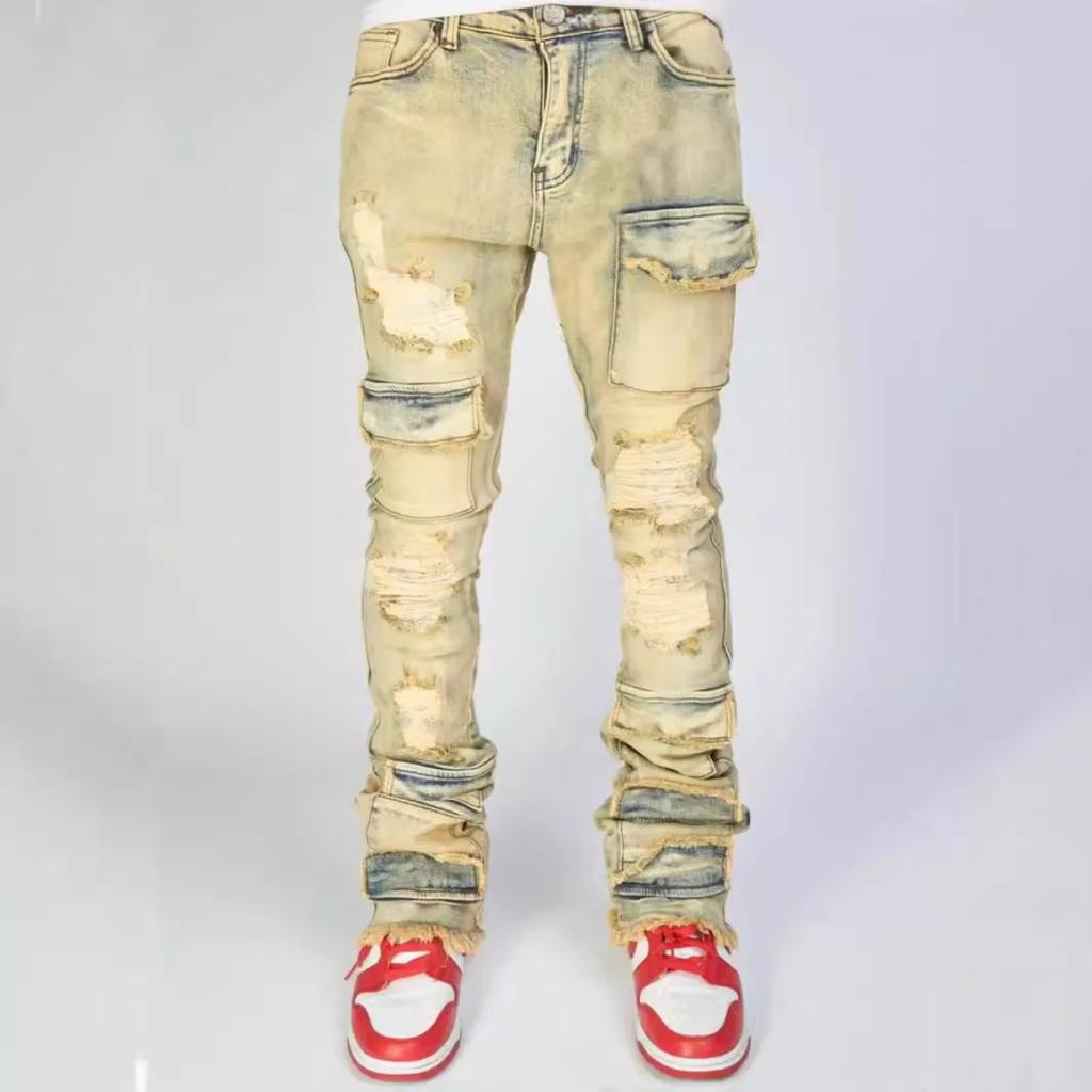 DRIPX Jeans Uomo Pantaloni Lunghi Pantaloni a Zampa di Elefante in Denim Pantaloni Dritti con Strappi Vestibilità Slim Vita Alta Casual Tasca con Bottone Cuciture Autunno Inverno