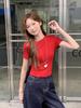 Super good-looking round neck front shoulder short-sleeved T-shirt for women's summer hollowed-out halter lace-up slim sweet Spice Girl small top