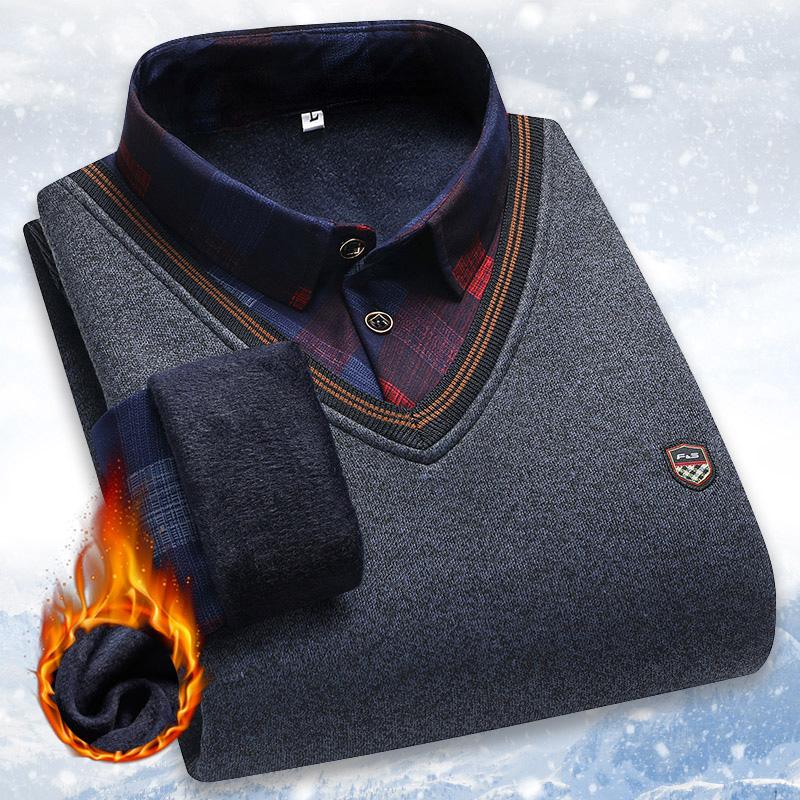 Vintage Plaid Sweater Pullover Men Thick Warm Knitwear Winter Autumn Patchwork Men's Fleeced Polo Collar Pullovers